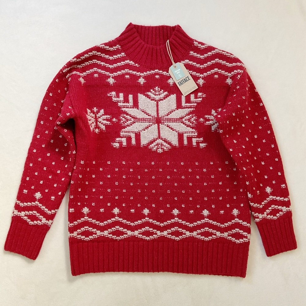Fat Face Red Fair Isle Snowflake Wool Blend Mock Neck Sweater Size 6 NWT